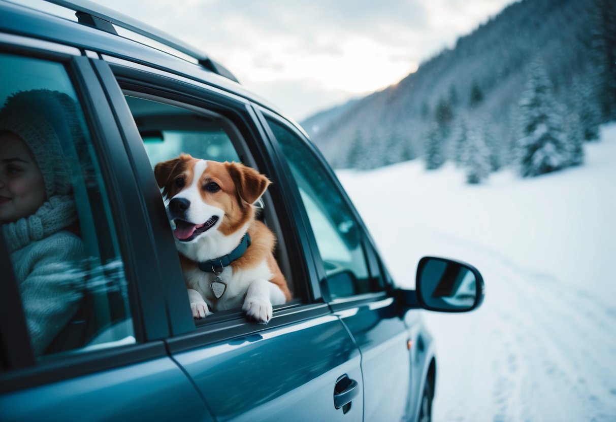 A family og deres hund rejser i bil gennem et sneklædt landskab med hunden der lykkeligt kigger ud ad vinduet på vinterlandskabet